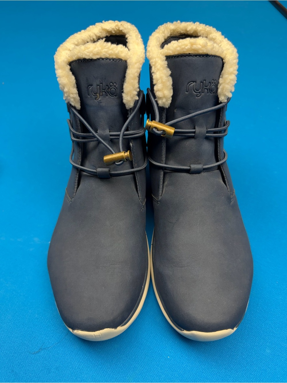 Ryka Navy Blue Faux-Shearling Casual Lace-Up Booties